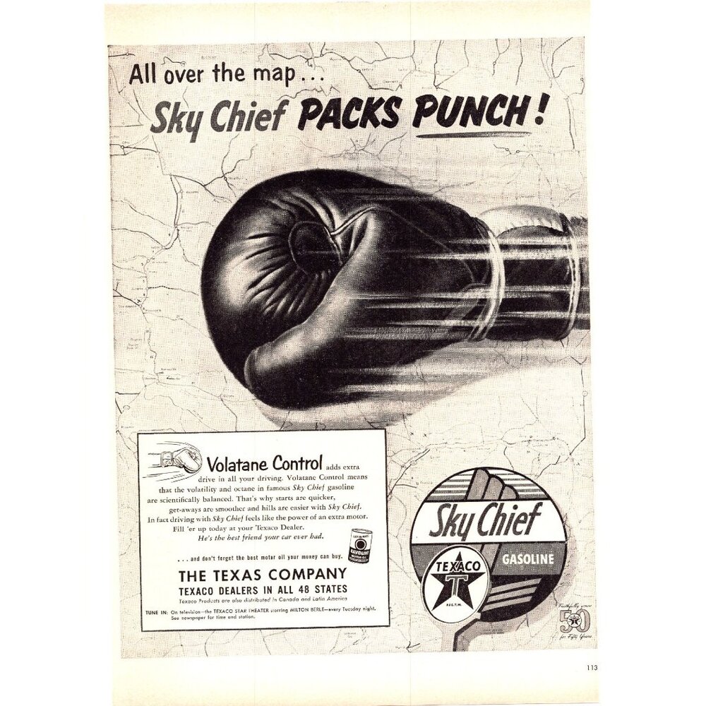 1952 Texaco Sky Chief Gasoline Gas Vintage Print Ad Boxing Glove Map Wall Art